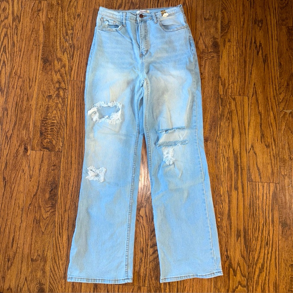Vibrant Miu Jeans Women’s Size 11 29 Light Wash High Rise Wide Flare Holes Boho